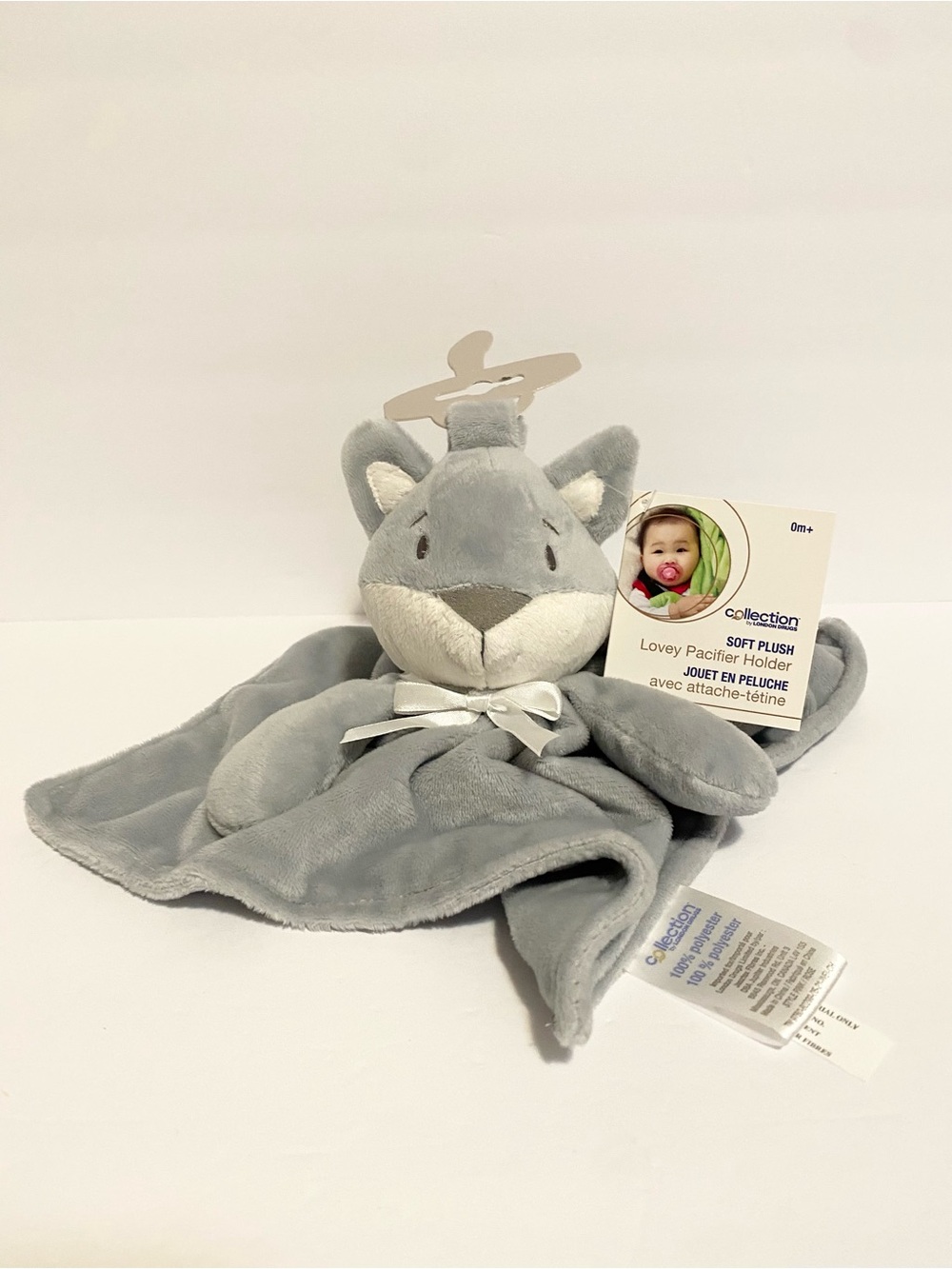 London Drugs Wolf Lovey Puppy Dog Plush Stuffed Security Blanket Baby Toy Grey